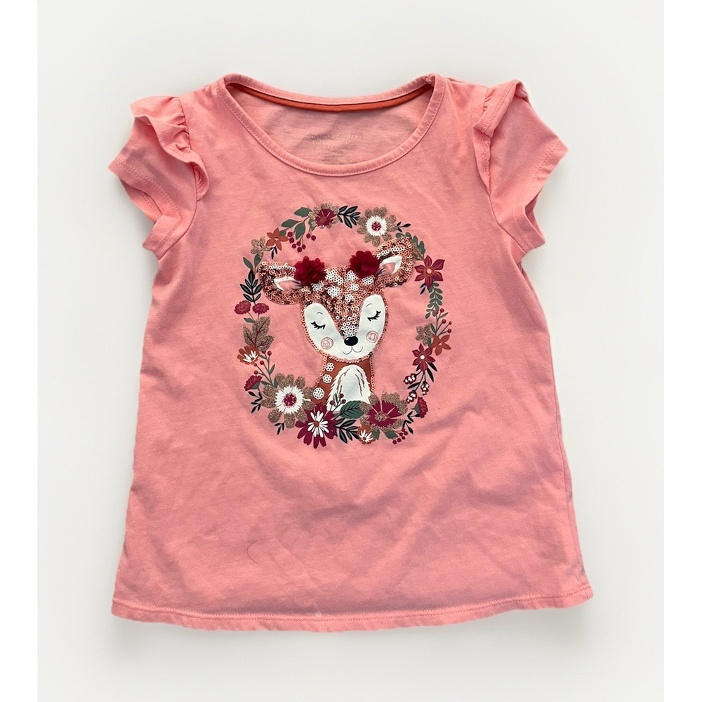 Cinthya R. Girls Pink Fox Sequin Graphic T-Shirt Floral Short Sleeve 5T Summer